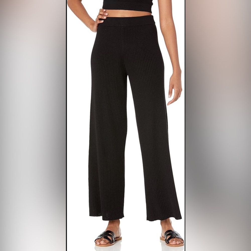 The Drop Catalina High Rise Black Ribbed Cropped Wide-Leg Pull On Pants